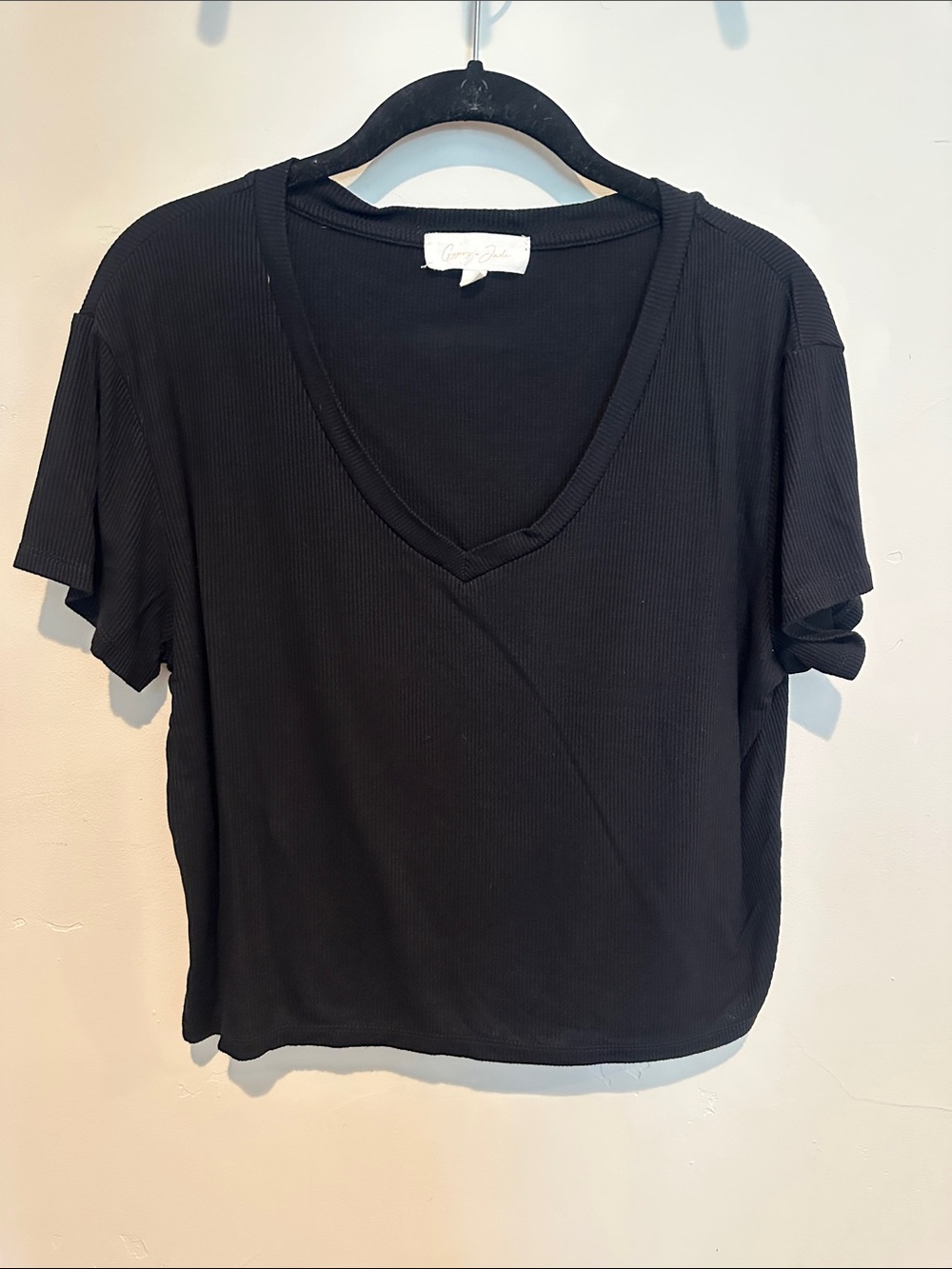 Classic Black V-Neck Ribbed Tee - Women